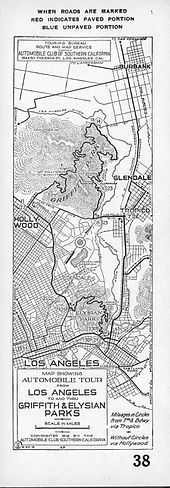 1916 map showing location of Edendale (center) Map showing automobile tour from Los Angeles to and thru Griffith and Elysian Parks, 1916 (AAA-SM-003079).jpg