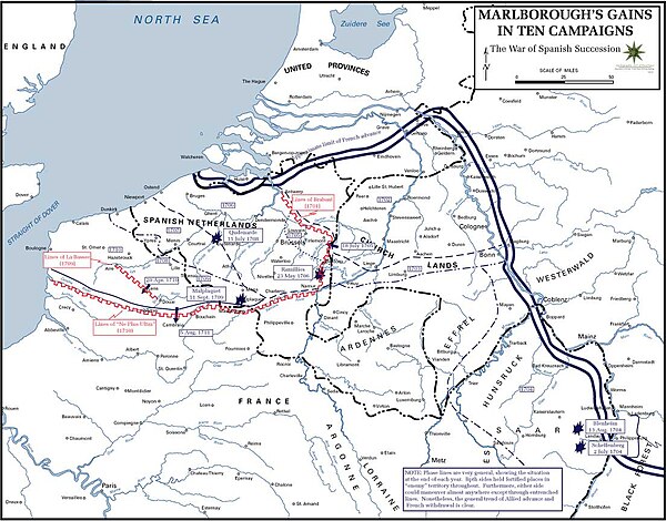 Major engagements of the war between 1702 and 1711.