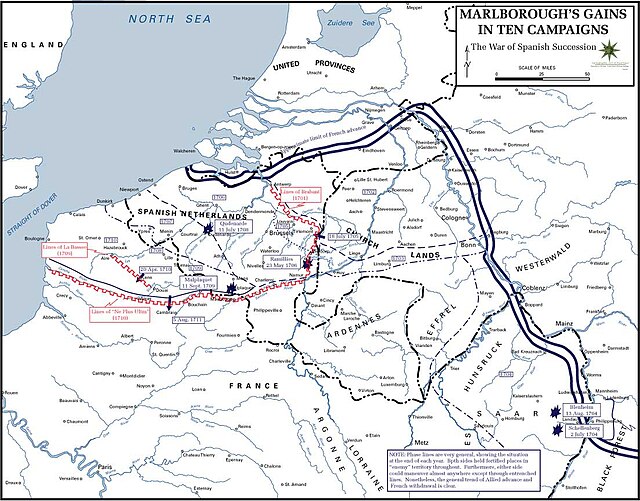 Major engagements of the war between 1702 and 1711.
