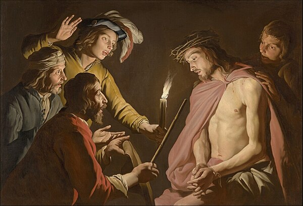 Christ Crowned with Thorns by Matthias Stom (c. 1633–1639) shows Jesus in his Passion as the "Lord of Patience" with the crown of thorns and scepter r