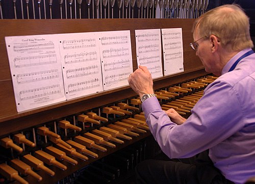 A carillonneur plays the 56-bell carillon of the Plummer Building, Rochester, Minnesota, US