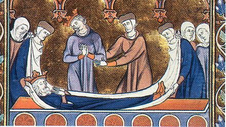 Medieval depiction of a royal body being laid in a coffin.