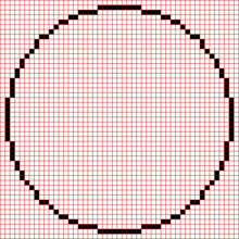 A circle of radius 23 drawn by the Bresenham algorithm Midpoint circle algorithm, radius 23.png