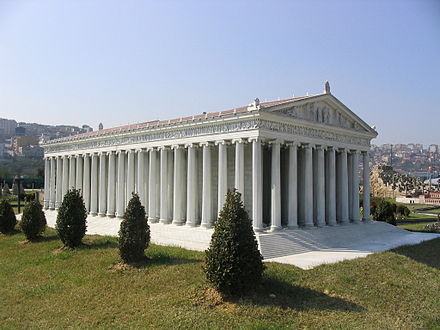 This model of the Temple of Artemis, at Miniatürk Park, Istanbul, Turkey, attempts to recreate the probable appearance of the third temple.