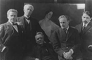 From left to right: Ivan Moskvin, Stanislavski, Feodor Chaliapin, Vasili Kachalov, Saveli Sorine, in the US in 1923.