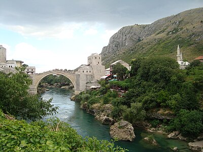 View of the Old Mostar in Bosnia and Herzegovina including Stari Most (Old Bridge)