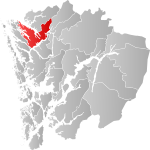Mapa do condado de Hordaland com Lindås em destaque.