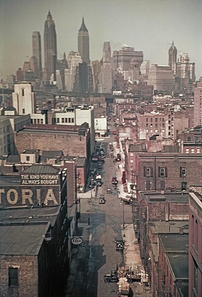The Lower East Side and Lower Manhattan skyline photographed using Agfacolor in 1938.