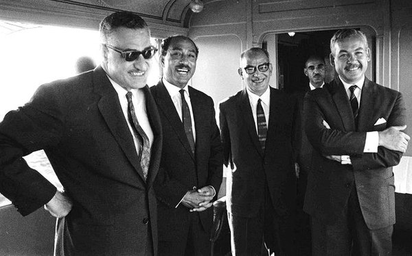 Top Egyptian leaders of the Arab Socialist Union in Alexandria. From left to right: President Gamal Abdel Nasser, Sadat, ASU head Ali Sabri, and Vice 