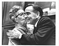 Thumbnail for File:New House Speaker Carl Albert gets a kiss at the Capitol from Lottie Ross, his first grade teacher at Bug Tussle. 1971.jpg