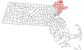 マサチューセッツ州におけるエセックス郡（ピンク）とニューベリーポート（赤）の位置