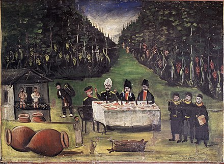 Georgian banquet to celebrate the wine harvest (tweli). The painter Niko Pirosmani (1862-1918) often chose Georgian supras as motive for his paintings