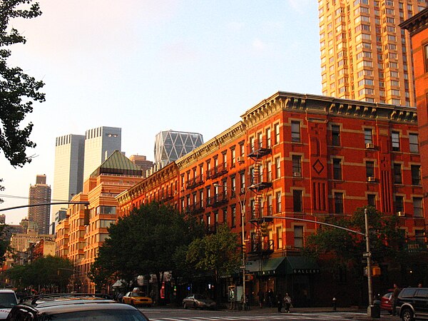 View from between 47th and 48th Streets on Ninth Avenue looking northeast toward Time Warner Center and Hearst Tower