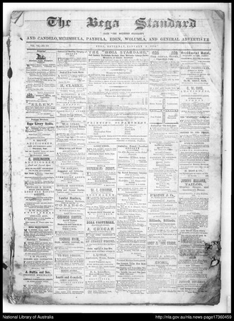 Front page, The Bega Standard and Candelo, Merimbula, Pambula, Eden, Wolumla, and General Advertiser Nla.news-page17360459.pdf