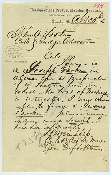 File:Note signed M. Winship, Headquarters Provost Marshal General, Defences South of Potomac, Alexandria, Va., to John A. Foster, April 26, 1865.jpg