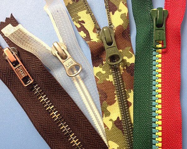 Examples of special zippers with different tape materials, colors and patterns.