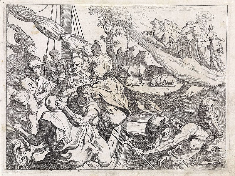 File:Odysseus' men eat the sacred oxen of the sun as his daughter informs him engraving.jpg