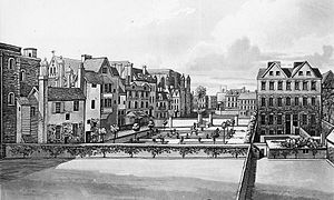 Old Palace Yard in 1720, showing the tower at far left and the east end of Westminster Abbey at centre Old Palace Yard, Westminster, 1720.jpg