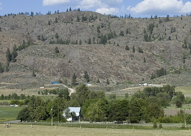 A farm and barren hills near Riverside, in north-central Washington