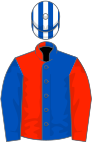 Royal blue and scarlet (halved), sleeves reversed; blue and white striped cap
