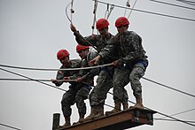 Penn State Army ROTC Cadets executing the Ropes Course at Stone Valley PSU Army ROTC Cadets on Ropes Course.JPG