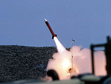 Patriot-missile-launch of the 11th Brigade, 43rd Air Defense Artillery (1997) Patriot missile is launched.jpg