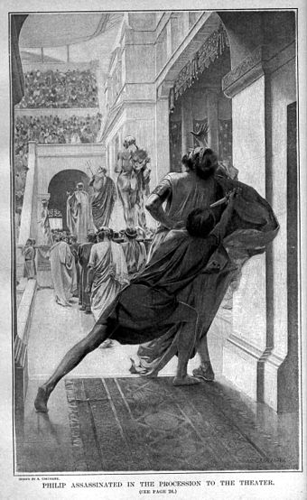 Pausanius assassinates Philip II, Alexander's father, during his procession into the theatre