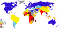 Map of world poverty by country, showing percentage of population living on less than $1.25 per day. Information is based on different years (2000-2006) for different countries. Data is missing for countries colored grey. Percentage population living on less than 1 dollar day 2007-2008.png