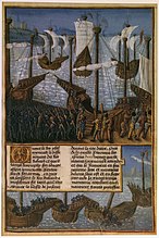 Ο βασιλιάς Φίλιππος Β' της Γαλλίας με τον στρατό του φεύγει για την Τρίτη Σταυροφορία. κάτω Βύθιση εχθρικού πλοίου. (1474/1475)