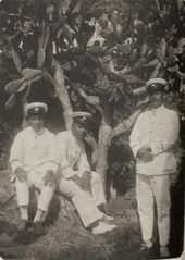 Native Micronesian constables of Truk Island, circa 1930. Truk became a possession of the Empire of Japan under a mandate from the League of Nations following Germany's defeat in World War I. Police officer at Chuuk, Micronesia in 1931.png