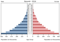 English: The population pyramid of Burundi illustrates the age and sex structure of population and may provide insights about political and social stability, as well as economic development. The population is distributed along the horizontal axis, with males shown on the left and females on the right. The male and female populations are broken down into 5-year age groups represented as horizontal bars along the vertical axis, with the youngest age groups at the bottom and the oldest at the top. The shape of the population pyramid gradually evolves over time based on fertility, mortality, and international migration trends. Українська: Віково-статева піраміда населення Бурунді за 2014 рік. Вона дає наочне уявлення про вікову і статеву структура населення країни, може слугувати джерелом інформації про політичну і соціальну стабільність, економічний розвиток. Блакитними кольорами ліворуч, у вигляді горизонтальних смуг показані вікові групи (з кроком 5 років кожна) чоловічої статі, праворуч рожевими — жіночої. Наймолодші вікові групи — внизу, найстаріші — вгорі. Форма піраміди поступово еволюціонує з плином часу під впливом чинників народжуваності, смертності і світової міграції.