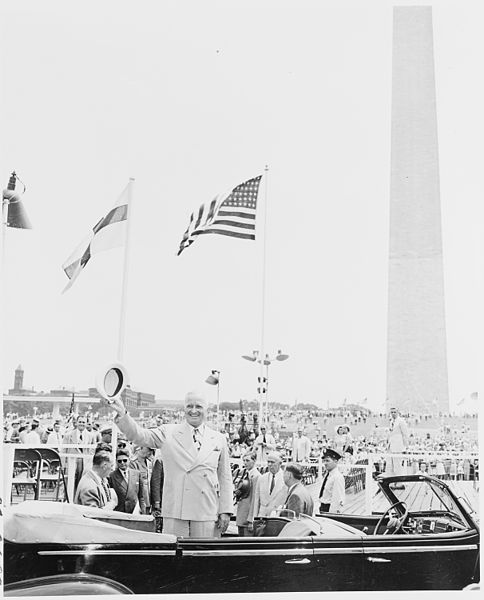 File:President Truman attends ceremonies celebrating the 100th anniversary of the Washington Monument. He is in his... - NARA - 199855.jpg