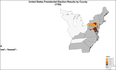 Results by county shaded according to the winning candidate's share of the popular vote. Shades of orange indicate a Federalist plurality; shades of blue indicate an Anti-federalist plurality. Both parties supported George Washington for president. PresidentialCounty1792Colorbrewer.gif