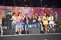 Trivedi along with the cast members at the music release of the film at the Kala Ghoda Arts Festival in Cross Maidan, Mumbai. Queen Music Launch.jpg