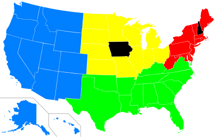 Map of the Rotating Regional Plan. Red is East, Yellow is Midwest, Green is South, and Blue is the West region. RegionalPlanSVG.svg