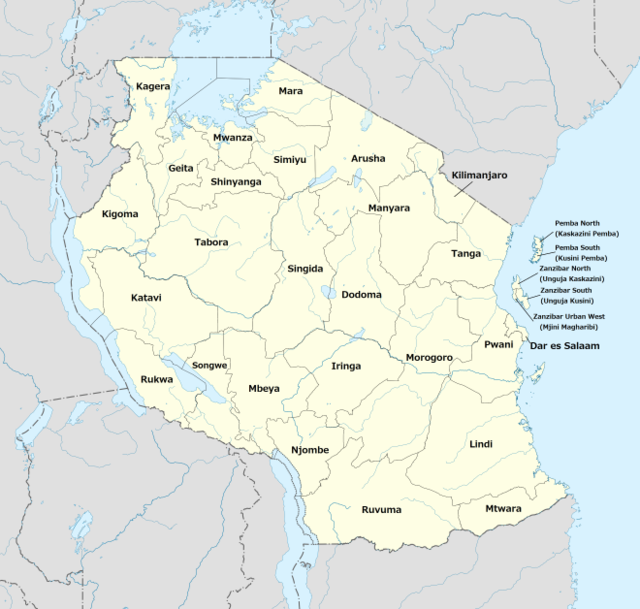 A map of Tanzania with the regions delineated and named