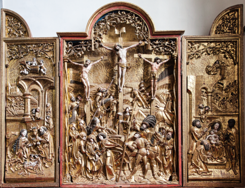 Triptychon des Furnoaltars der Kreuzigung (Mitte), Geburt Christi (linker Flügel) und Anbetung der Könige (rechter Flügel)