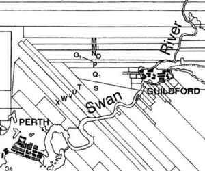 A black and white diagram showing ribbon grants near the Swan River