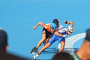 Deutsch: Badminton bei den Olympischen Jugendspielen 2018; Tag 2, 8. Oktober 2018; Halbfinale Jungen Lauf 1 English: Roller speed skating at the 2018 Summer Youth Olympics; day 2, 8 October 2018 – Boys Semifinals run 1