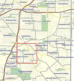location of South Atlanta in southeast Atlanta