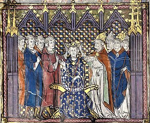 The coronation of Hugh Capet, the Count of Paris, as King of the Franks in 987. He died in Paris in 996 and was buried in the Basilica of Saint-Denis.(Illustration from the 14th century, in the National Library of France) Sacre Hugues Capet 1.jpg