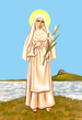 Saint Cainnear depicted as a young nun dressed in a cream habit and holding a lily.png