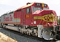 Santa Fe #98, an EMD FP45 decked out in Warbonnet colors, including the traditional "cigar band" nose emblem