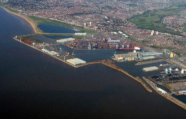 Port of Liverpool docks, at Seaforth. Merseyside lies on the Mersey Estuary