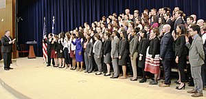 Secretary Pompeo delivers remarks and administers the Oath of Office to the 195th Foreign Service Generalist Class (44553342524) (cropped).jpg