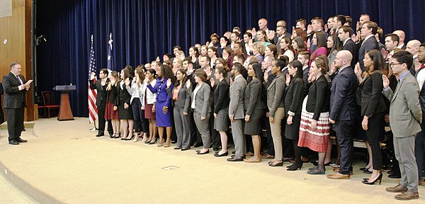 Secretary of State Mike Pompeo swears in the 195th Foreign Service Generalist Class in October 2018