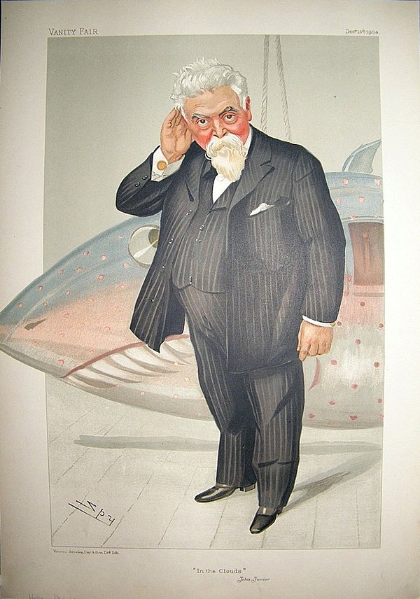 Sir Hiram Maxim (1840–1916): caricature by Spy for Vanity Fair, 1904