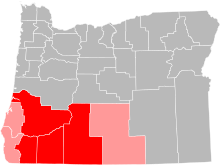 Dark red denotes counties that are always included in the definition, while light red denotes counties that are only sometimes included. Southern Oregon.svg