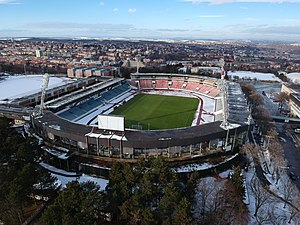 Вид на стадион Евжены Рошицкого с юга (февраль 2019 г.)