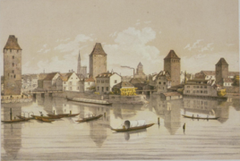 gravure de 1860 montrant les 4 tours des Ponts couverts